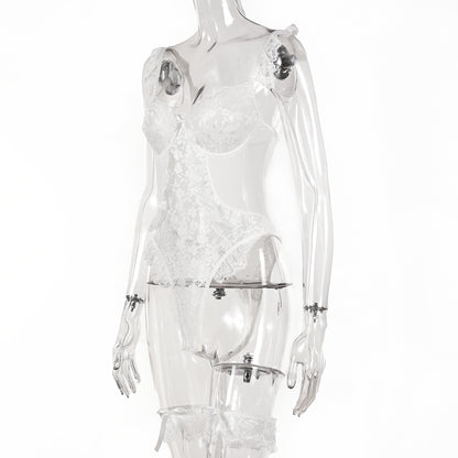 Women Sexy Lingerie Bodysuit Floral Lace Teddy Babydoll Snap Crotch Ruffle One Piece with Thigh Bands