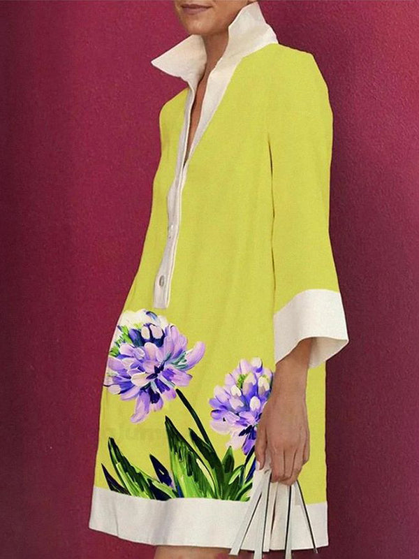 A-Line Loose Buttoned Flower Print Stand Collar Mini Dresses - Seldom Seen Styles