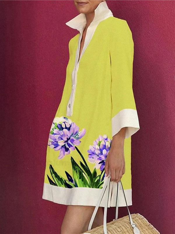 A-Line Loose Buttoned Flower Print Stand Collar Mini Dresses - Seldom Seen Styles