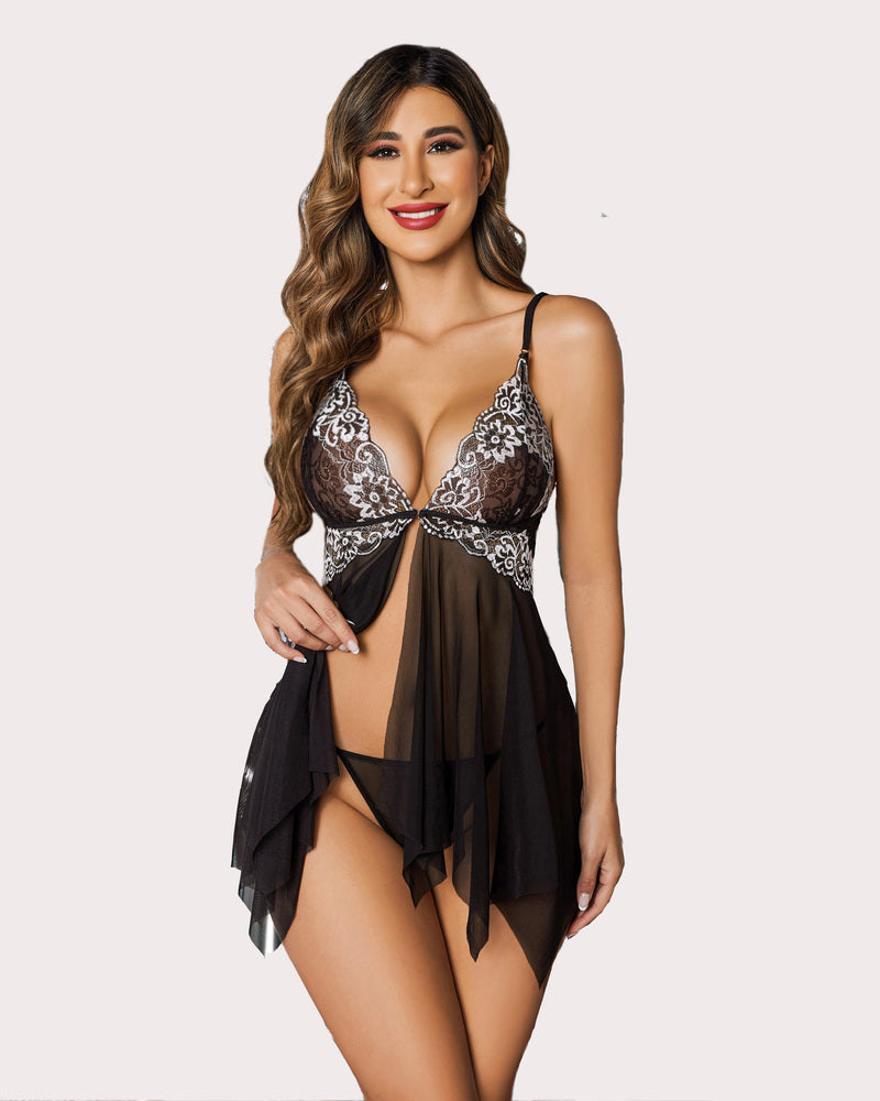 Black lace front closure babydoll nightdress with asymmetrical hem, floral lace detail