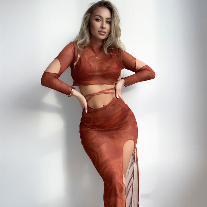 Abstract Mesh Cover Up Sarong Slide Triangle Brazilian Four Piece Bikini Swimsuit - Seldom Seen Styles