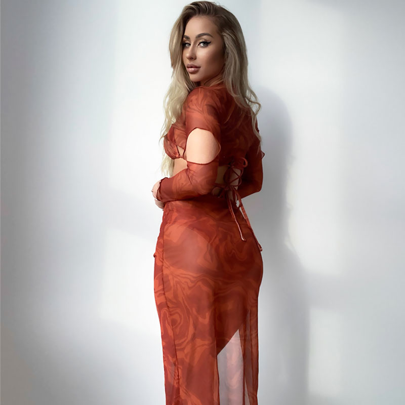 Abstract Mesh Cover Up Sarong Slide Triangle Brazilian Four Piece Bikini Swimsuit - Seldom Seen Styles