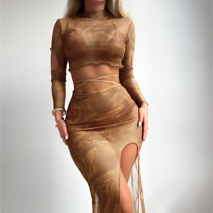 Abstract Mesh Cover Up Sarong Slide Triangle Brazilian Four Piece Bikini Swimsuit - Seldom Seen Styles