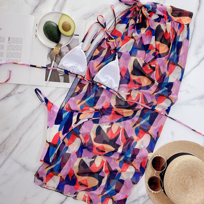 Abstract Mesh Sarong String Slide Triangle Brazilian Three Piece Bikini Swimsuit - Seldom Seen Styles