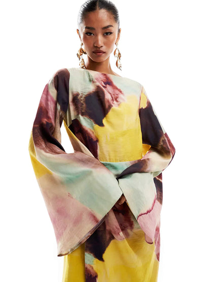 Abstract Watercolor Print Ultra-Long Dress - Seldom Seen Styles