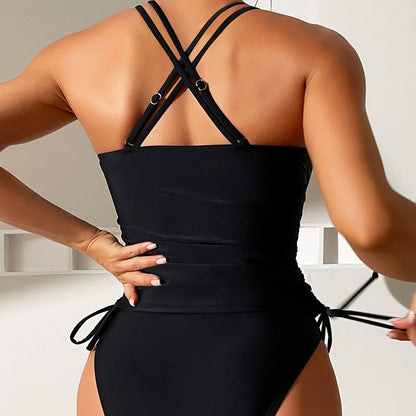 Active Mid Rise Moderate Ruched Tie Side V Neck Brazilian Two Piece Tankini Swimsuit - Seldom Seen Styles