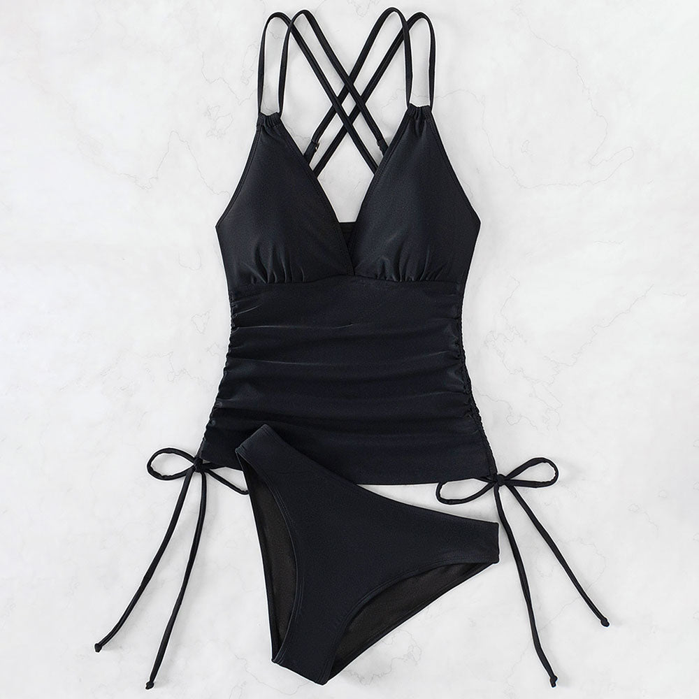 Active Mid Rise Moderate Ruched Tie Side V Neck Brazilian Two Piece Tankini Swimsuit - Seldom Seen Styles