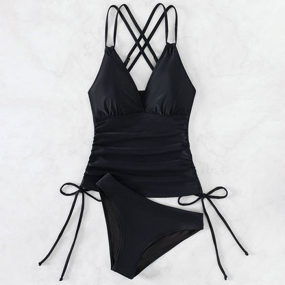 Active Mid Rise Moderate Ruched Tie Side V Neck Brazilian Two Piece Tankini Swimsuit - Seldom Seen Styles