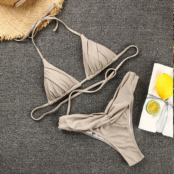 Anne Pleated Cups Halter Bikini Set - Seldom Seen Styles