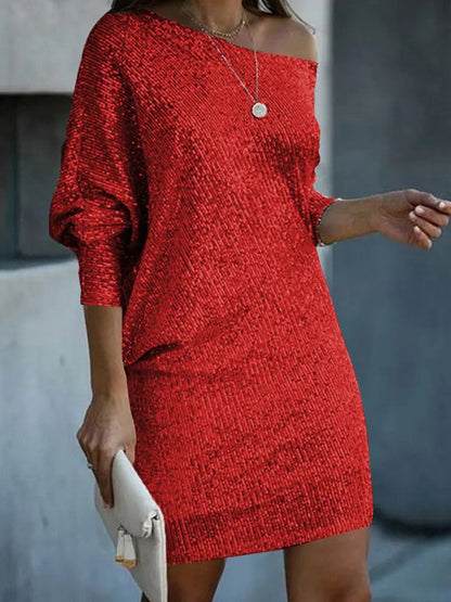 Asymmetric Sequined Solid Color A-line Loose One-shoulder Short Dresses Mini Dresses - Seldom Seen Styles