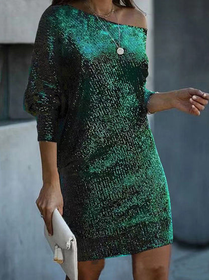 Asymmetric Sequined Solid Color A-line Loose One-shoulder Short Dresses Mini Dresses - Seldom Seen Styles
