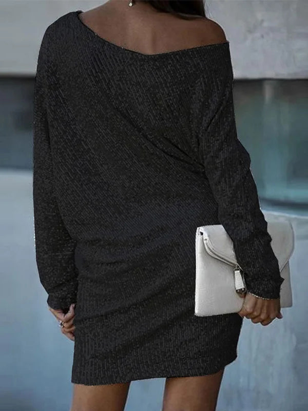 Asymmetric Sequined Solid Color A-line Loose One-shoulder Short Dresses Mini Dresses - Seldom Seen Styles