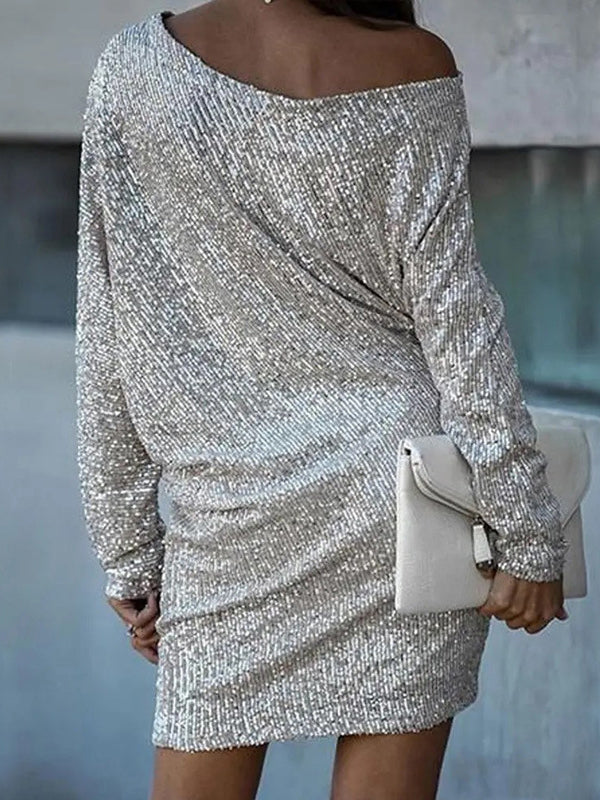 Asymmetric Sequined Solid Color A-line Loose One-shoulder Short Dresses Mini Dresses - Seldom Seen Styles