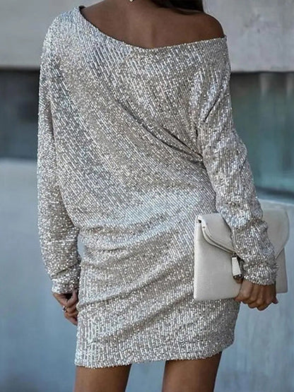 Asymmetric Sequined Solid Color A-line Loose One-shoulder Short Dresses Mini Dresses - Seldom Seen Styles