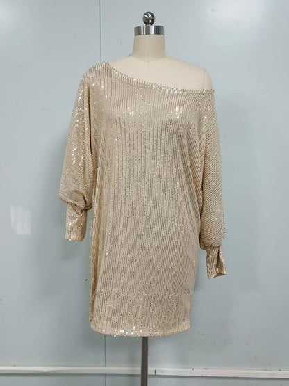 Asymmetric Sequined Solid Color A-line Loose One-shoulder Short Dresses Mini Dresses - Seldom Seen Styles