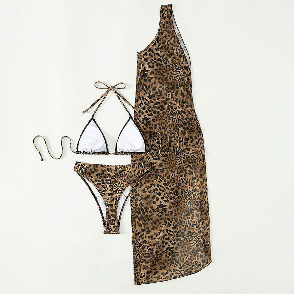 Asymmetrical Leopard Cover Up Thong Triangle Brazilian Three Piece Bikini Swimsuit - Seldom Seen Styles