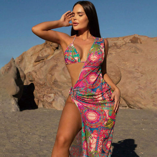 Asymmetrical Tropical Cover Up Thong Triangle Brazilian Three Piece Bikini Swimsuit - Seldom Seen Styles