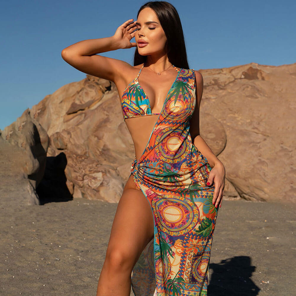 Asymmetrical Tropical Cover Up Thong Triangle Brazilian Three Piece Bikini Swimsuit - Seldom Seen Styles