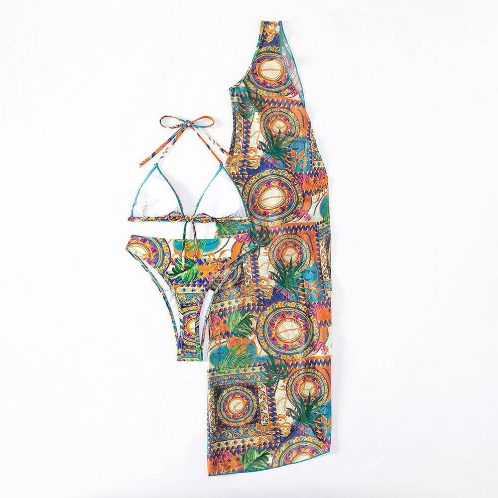 Asymmetrical Tropical Cover Up Thong Triangle Brazilian Three Piece Bikini Swimsuit - Seldom Seen Styles