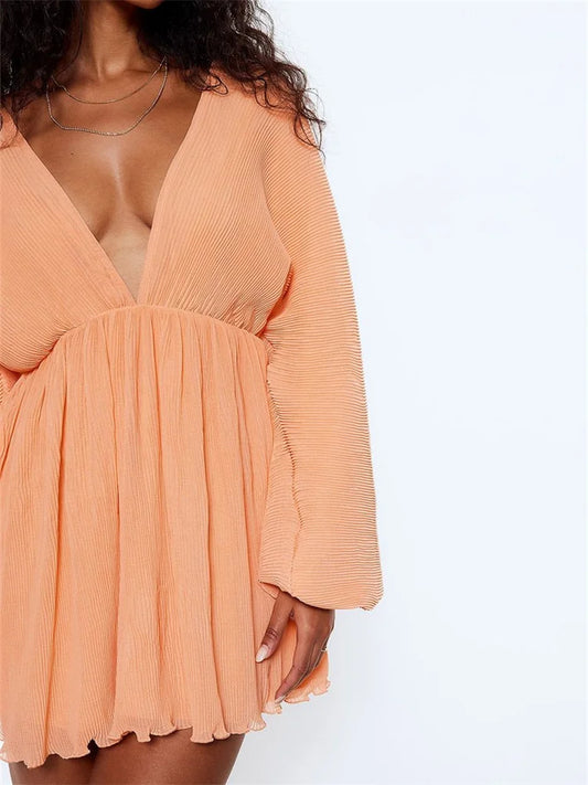 Autumn Long Sleeve Deep V-neck Party Mini Dresses - Seldom Seen Styles