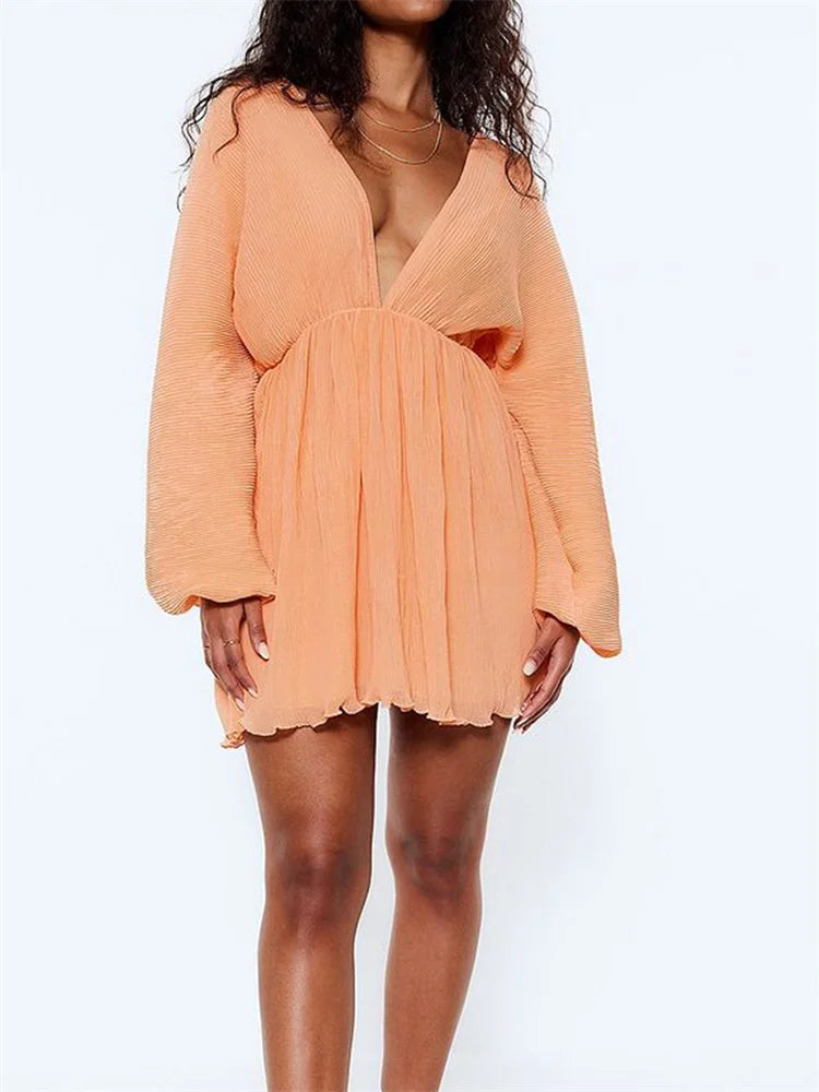 Autumn Long Sleeve Deep V-neck Party Mini Dresses - Seldom Seen Styles