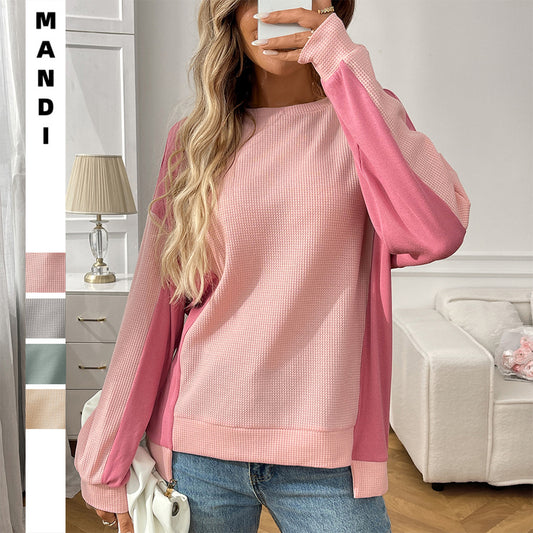 Autumn New Round Neck Casual Loose Color-Block Long Sleeve Waffle Top Shirts - Seldom Seen Styles