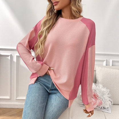 Autumn New Round Neck Casual Loose Color-Block Long Sleeve Waffle Top Shirts - Seldom Seen Styles