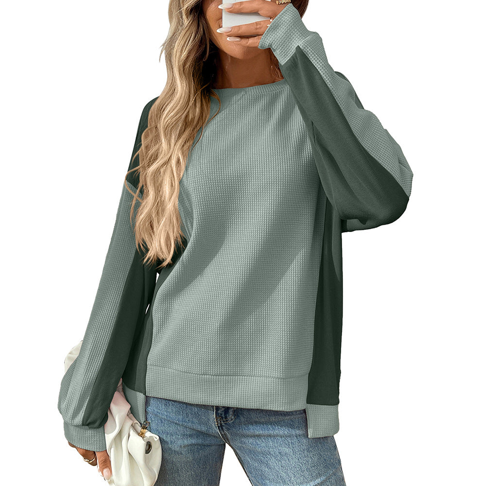 Autumn New Round Neck Casual Loose Color-Block Long Sleeve Waffle Top Shirts - Seldom Seen Styles