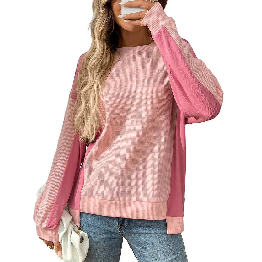 Autumn New Round Neck Casual Loose Color-Block Long Sleeve Waffle Top Shirts - Seldom Seen Styles