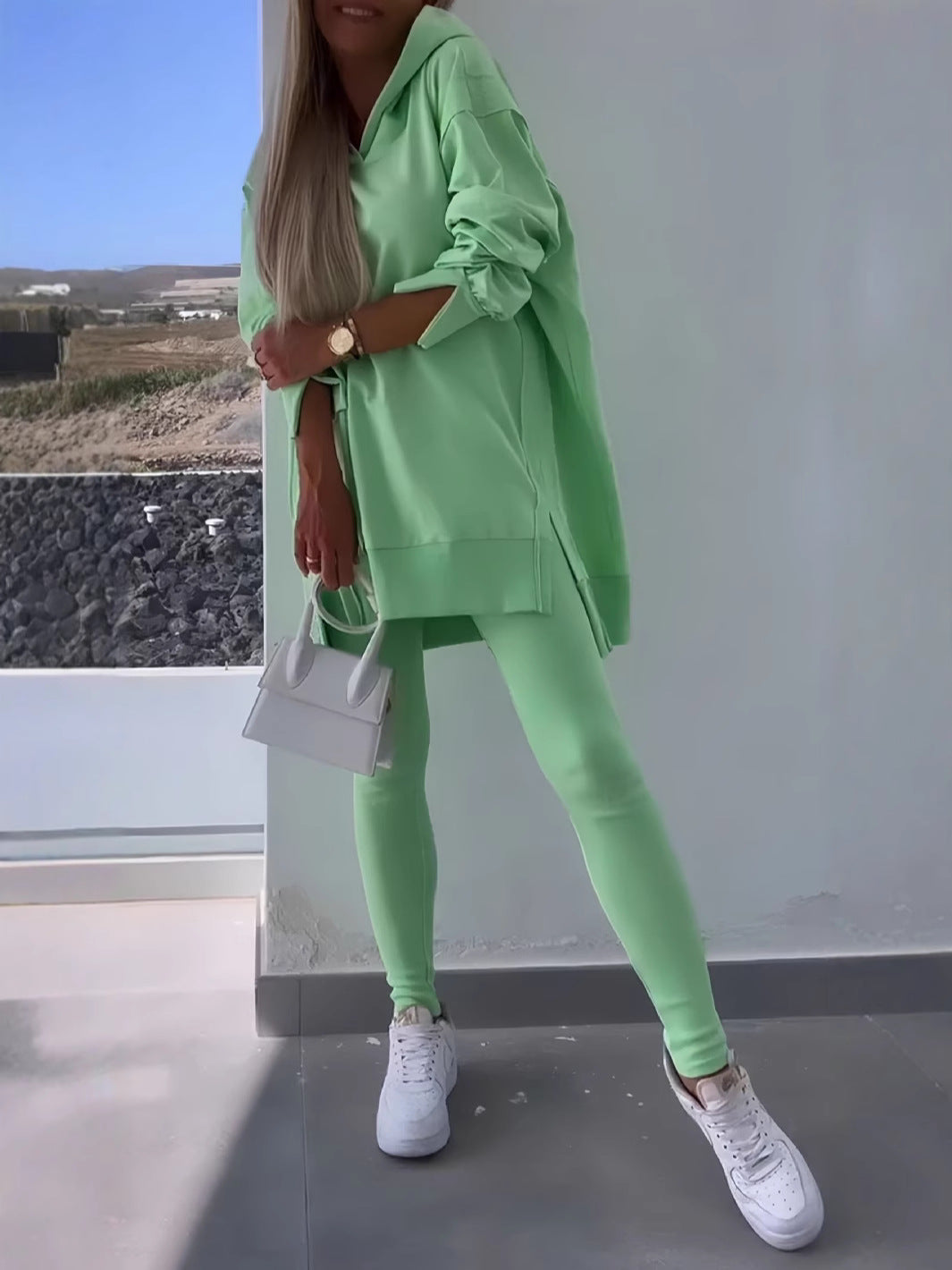 Autumn Women's Sports Split Hoodie Solid Color Long Sleeve Sweatshirt and Leggings Two-Piece Set - Seldom Seen Styles