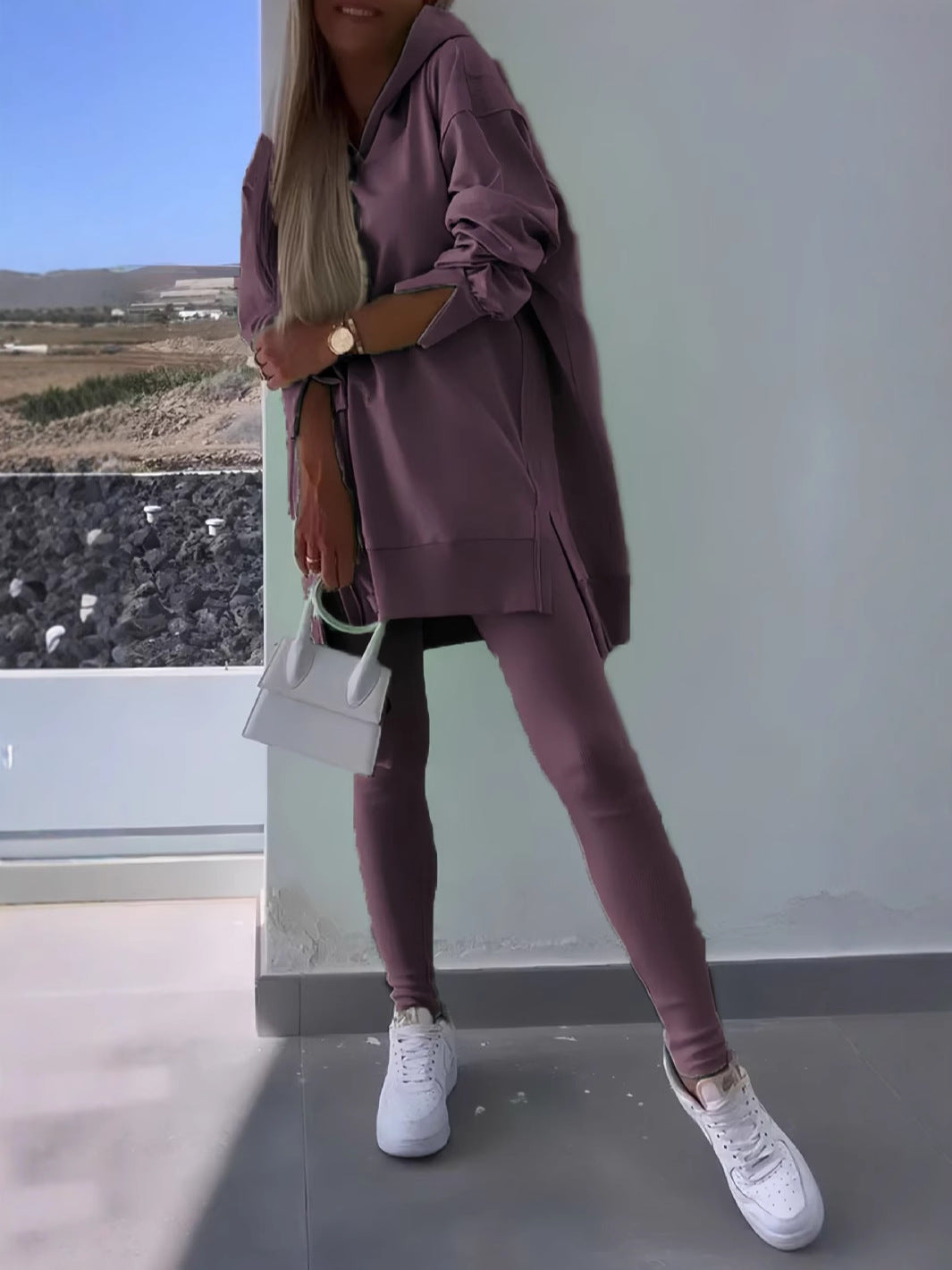 Autumn Women's Sports Split Hoodie Solid Color Long Sleeve Sweatshirt and Leggings Two-Piece Set - Seldom Seen Styles