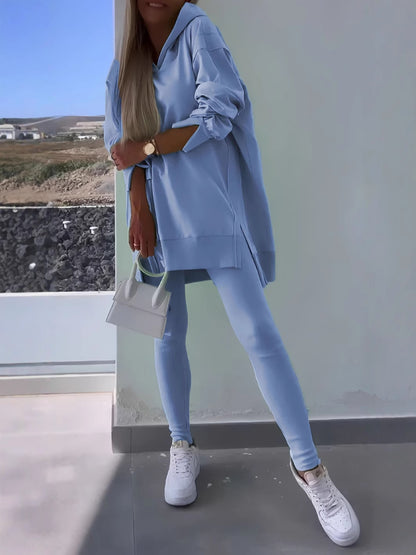 Autumn Women's Sports Split Hoodie Solid Color Long Sleeve Sweatshirt and Leggings Two-Piece Set - Seldom Seen Styles