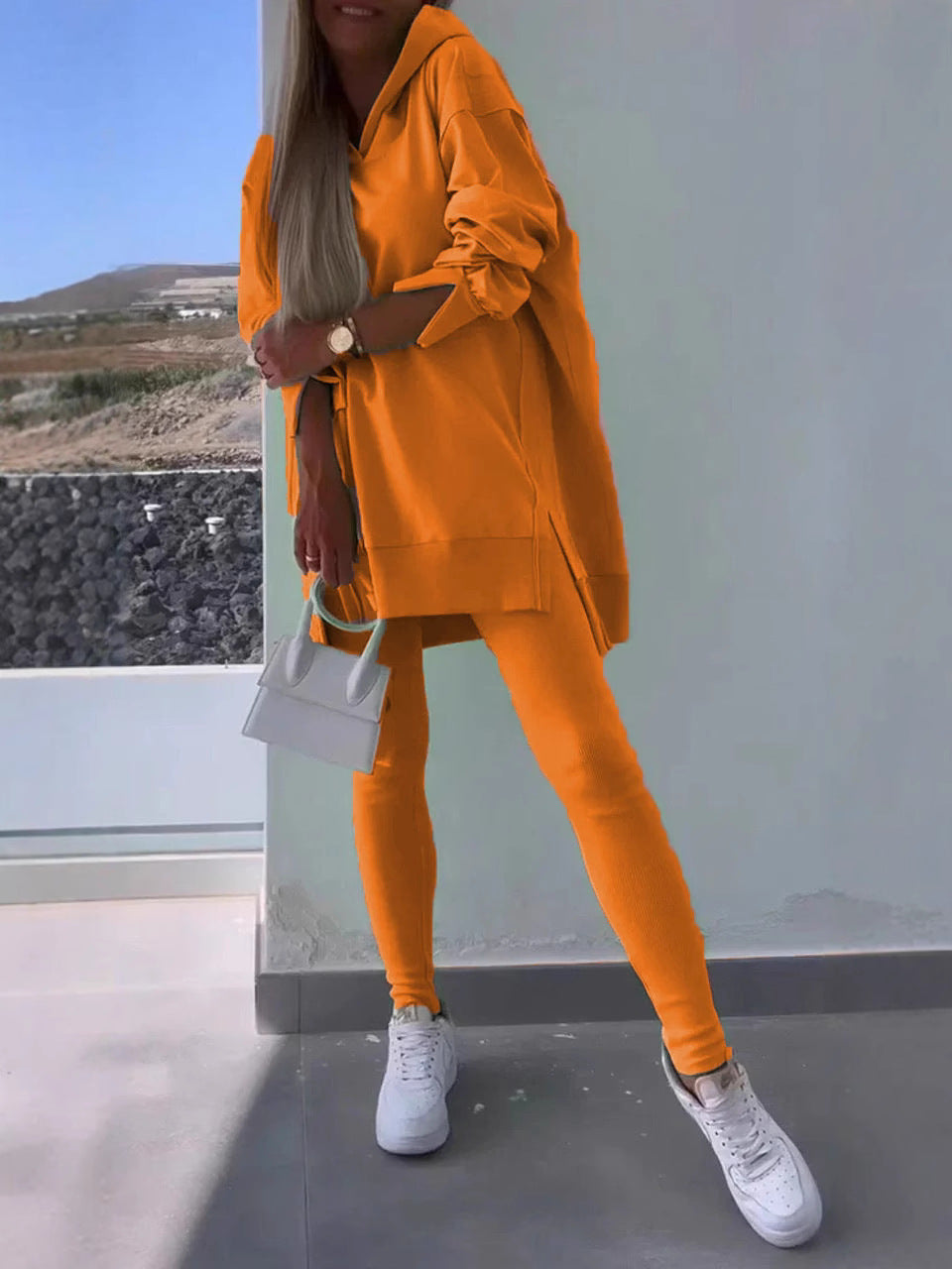 Autumn Women's Sports Split Hoodie Solid Color Long Sleeve Sweatshirt and Leggings Two-Piece Set - Seldom Seen Styles