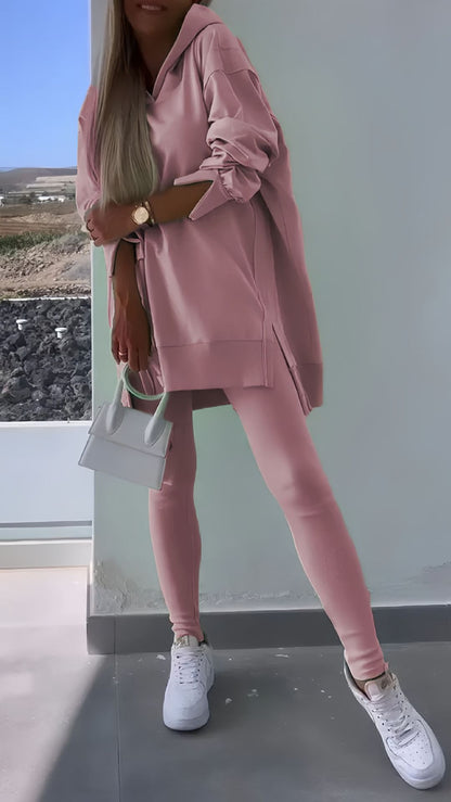 Autumn Women's Sports Split Hoodie Solid Color Long Sleeve Sweatshirt and Leggings Two-Piece Set - Seldom Seen Styles