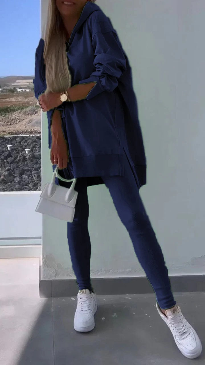 Autumn Women's Sports Split Hoodie Solid Color Long Sleeve Sweatshirt and Leggings Two-Piece Set - Seldom Seen Styles