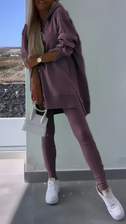 Autumn Women's Sports Split Hoodie Solid Color Long Sleeve Sweatshirt and Leggings Two-Piece Set - Seldom Seen Styles