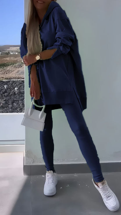 Autumn Women's Sports Split Hoodie Solid Color Long Sleeve Sweatshirt and Leggings Two-Piece Set - Seldom Seen Styles