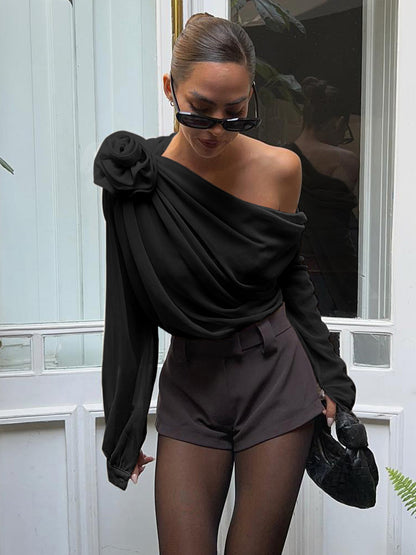 Chiffon Semi-Sheer One Shoulder Asymmetrical Blouse