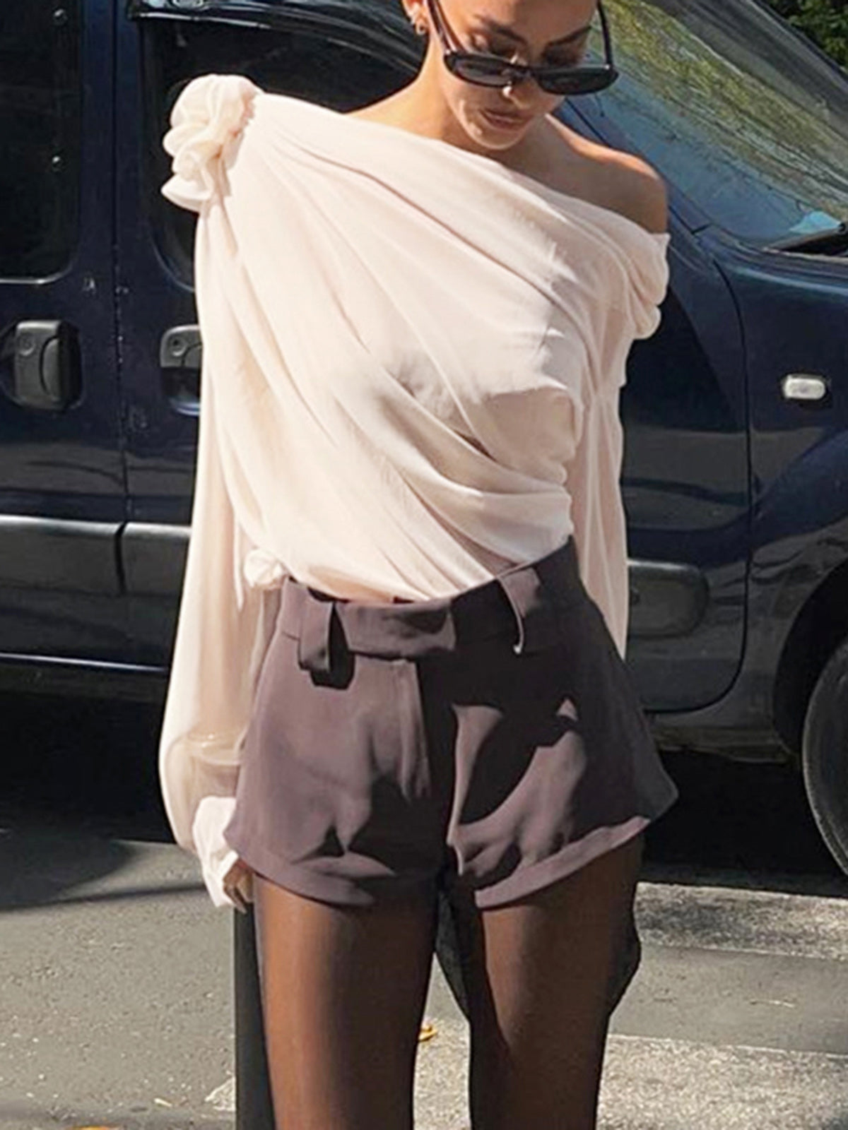 Chiffon Semi-Sheer One Shoulder Asymmetrical Blouse