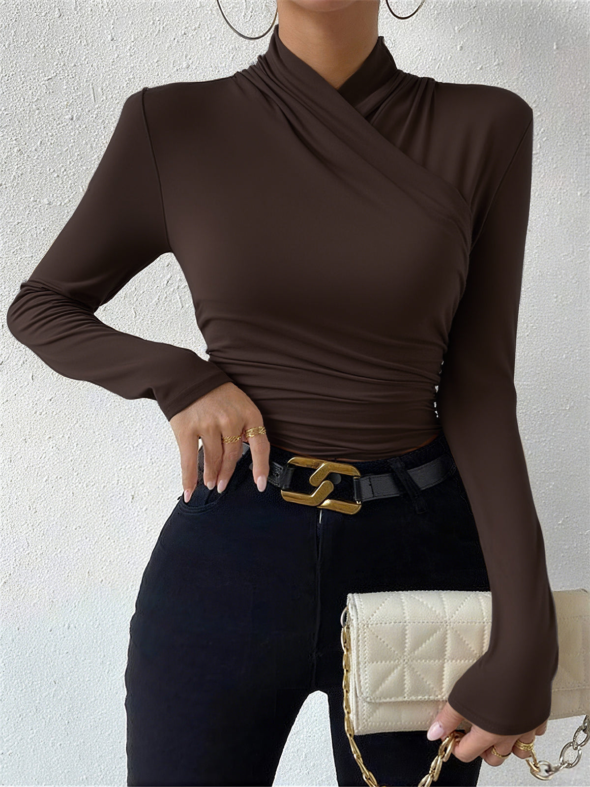 Cross-Over Collar Pleated Cinched T-Shirt