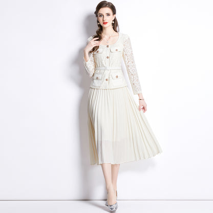 Bella Lace Patchwork Pleated Midi Dress  Patchwork Mid-Length Pleated Dress - Seldom Seen Styles