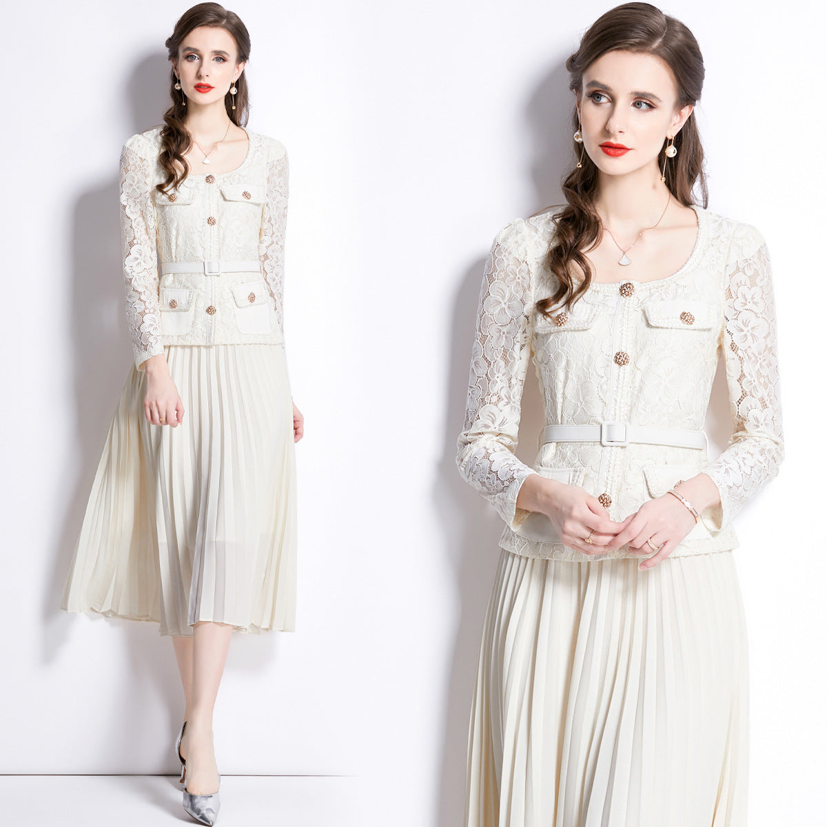 Bella Lace Patchwork Pleated Midi Dress  Patchwork Mid-Length Pleated Dress - Seldom Seen Styles