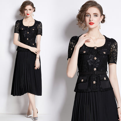 Bella Lace Patchwork Pleated Midi Dress  Patchwork Mid-Length Pleated Dress - Seldom Seen Styles