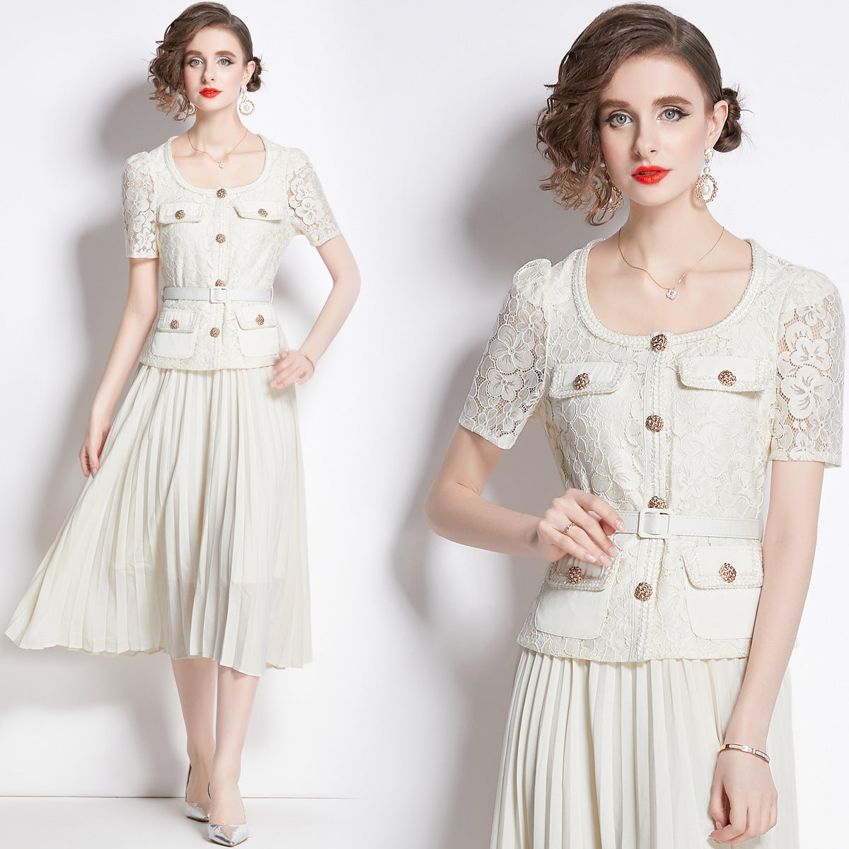 Bella Lace Patchwork Pleated Midi Dress  Patchwork Mid-Length Pleated Dress - Seldom Seen Styles