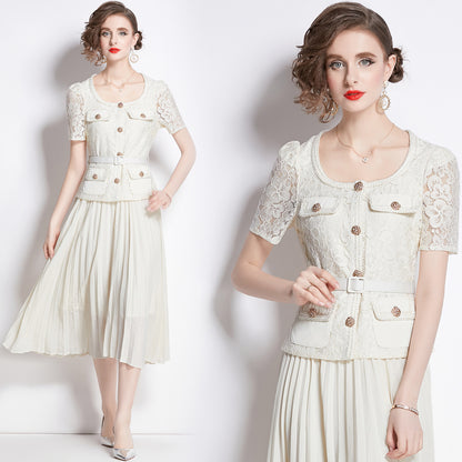 Bella Lace Patchwork Pleated Midi Dress  Patchwork Mid-Length Pleated Dress - Seldom Seen Styles