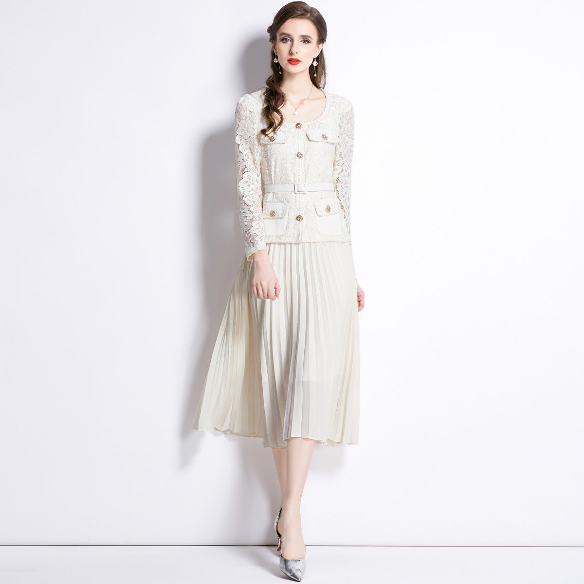 Bella Lace Patchwork Pleated Midi Dress  Patchwork Mid-Length Pleated Dress - Seldom Seen Styles