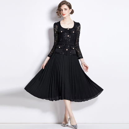 Bella Lace Patchwork Pleated Midi Dress  Patchwork Mid-Length Pleated Dress - Seldom Seen Styles
