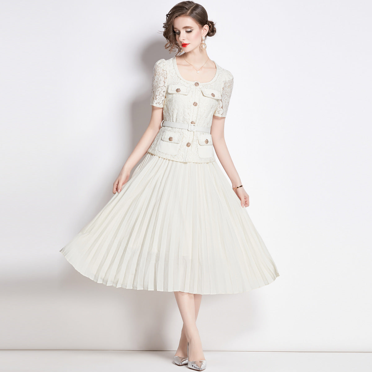 Bella Lace Patchwork Pleated Midi Dress  Patchwork Mid-Length Pleated Dress - Seldom Seen Styles