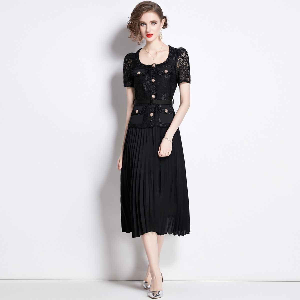 Bella Lace Patchwork Pleated Midi Dress  Patchwork Mid-Length Pleated Dress - Seldom Seen Styles
