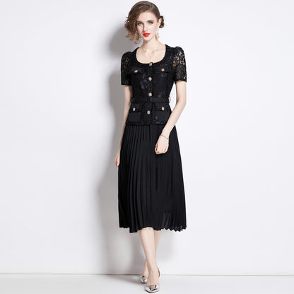 Bella Lace Patchwork Pleated Midi Dress  Patchwork Mid-Length Pleated Dress - Seldom Seen Styles
